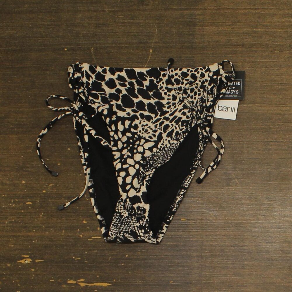 NWT Bar III Printed High-Waisted Side Tie Bikini Swim Bottom Black Multi XS